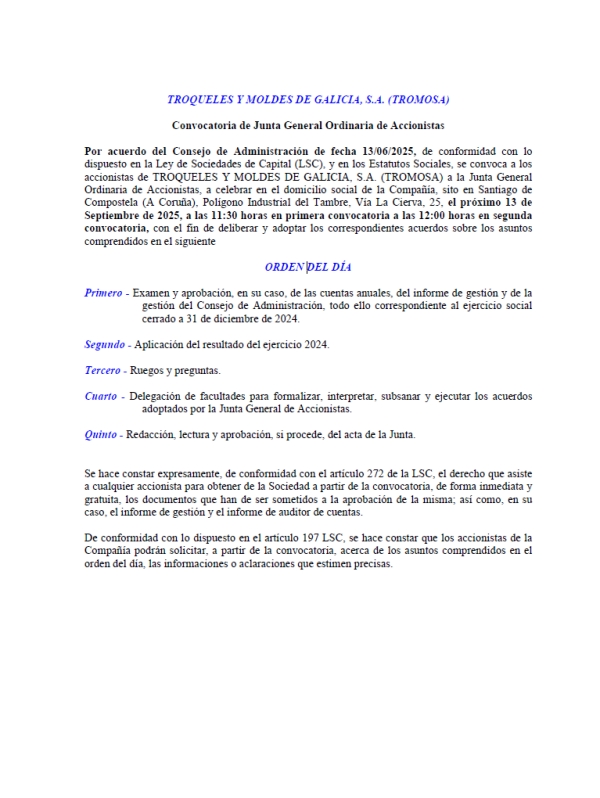 Convocatoria Junta General Ordinaria 13 de Septiembre de 2025