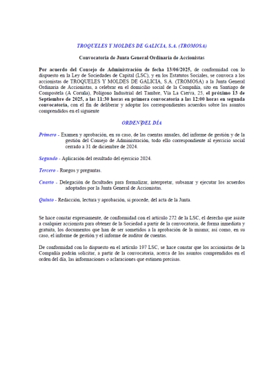 Convocatoria Junta General Ordinaria 13 de Septiembre de 2025